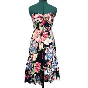 Eliza J Floral Strapless Midi Dress 4P high low ruffle petite wedding guest